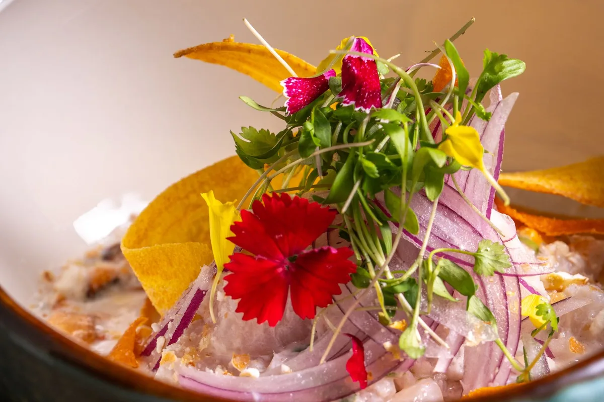 A bowl of ceviche with red onion and fresh garnishes