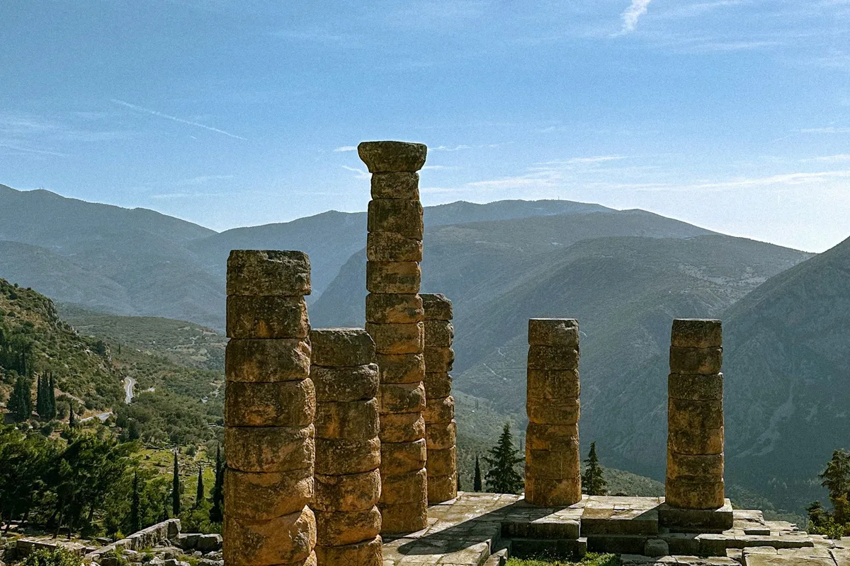 The columns of the Temple of Apollo at Delphi above the Pleistos valley