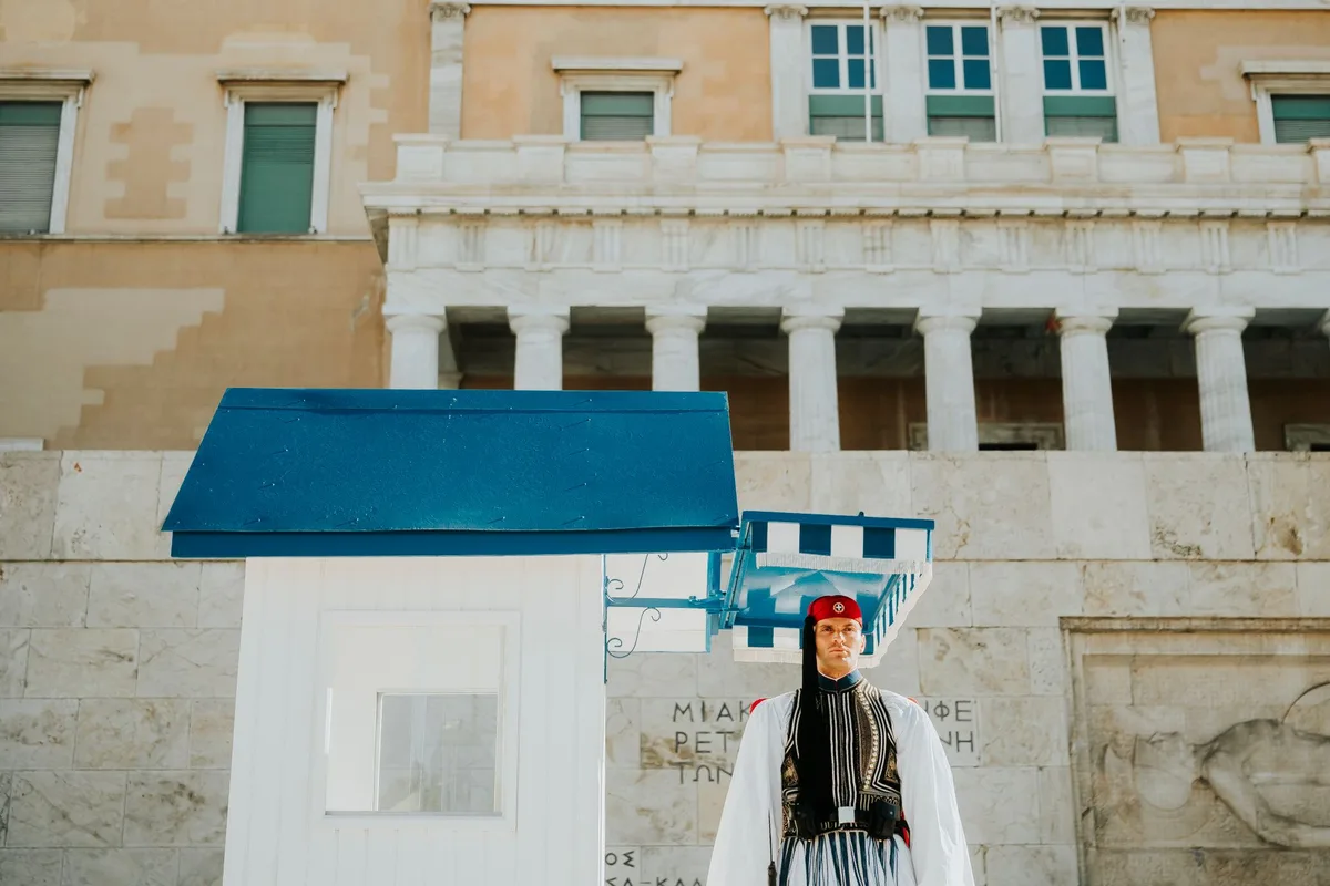 An Evzone guard at the Tomb of the Unknown Soldier in Syntagma Square