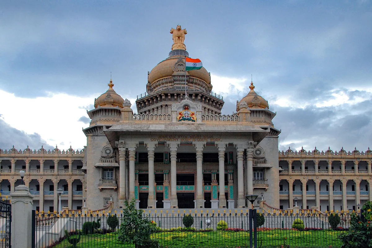 Vidhana Soudha, the seat of the Karnataka legislature, fronted by its columned facade
