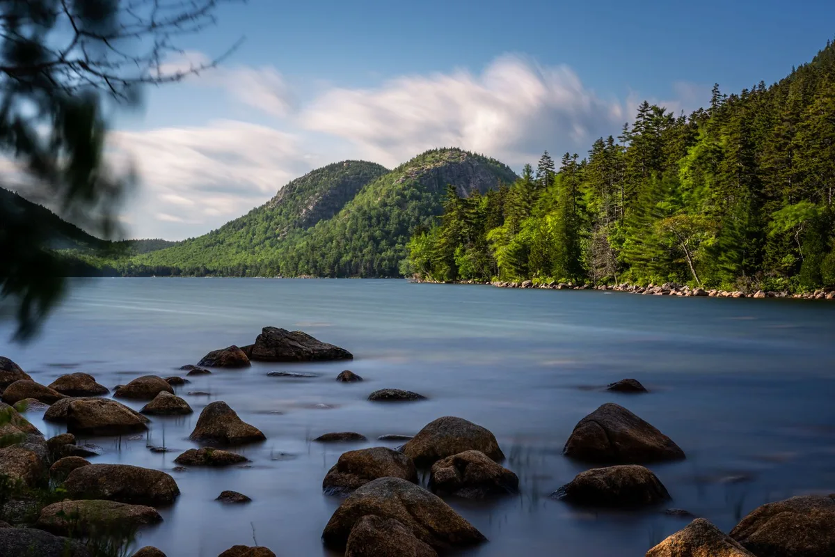 Jordan Pond under the twin humps of the Bubbles