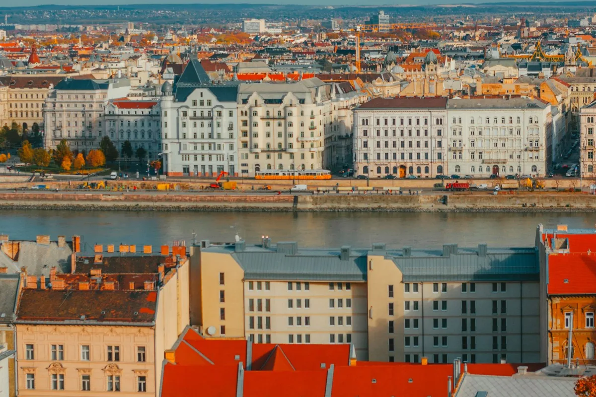 Novi Sad's old town and red rooftops seen across the Danube from Petrovaradin