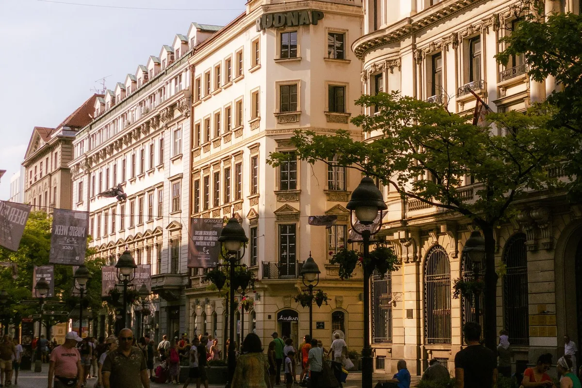Grand facades and café terraces along Knez Mihailova, Belgrade's pedestrian spine