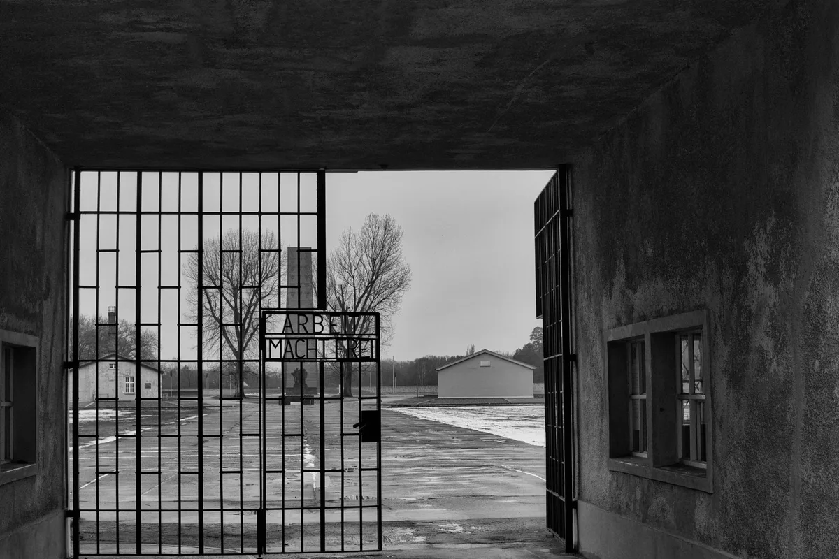 The entrance gate at the Sachsenhausen Memorial
