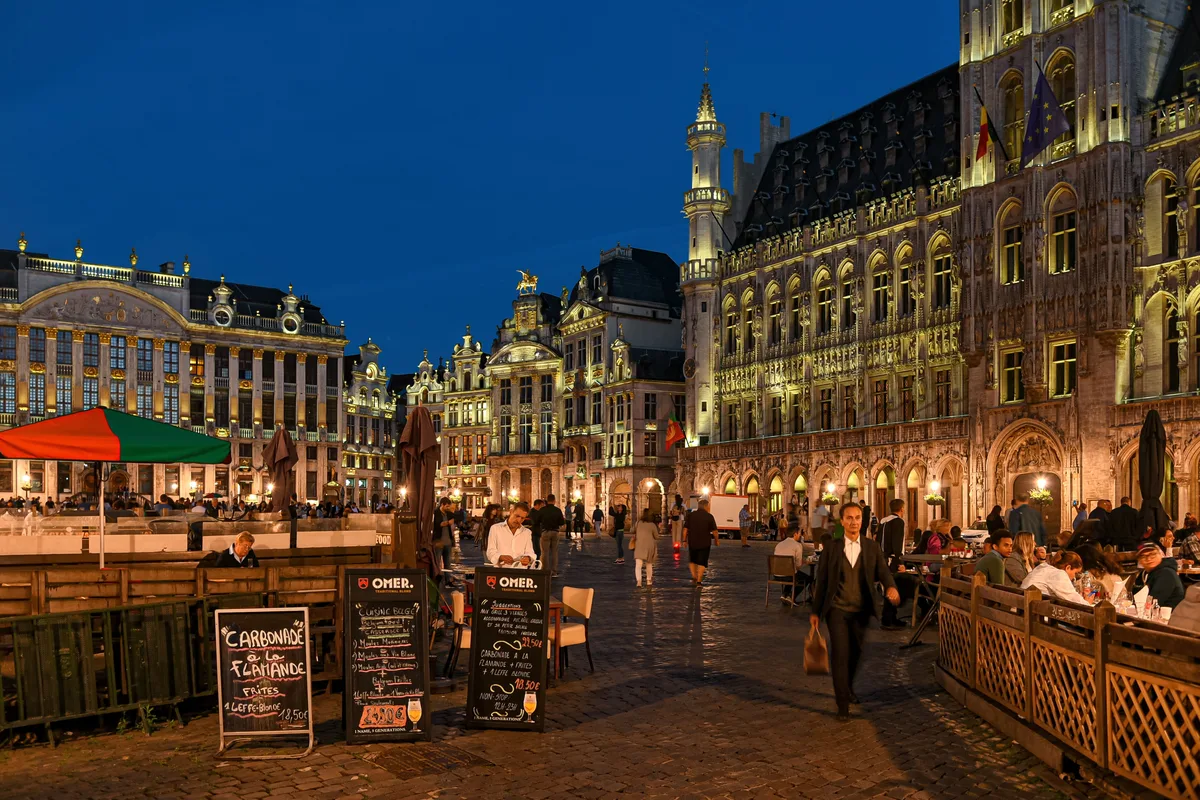 The Grand-Place and the Town Hall tower at dusk