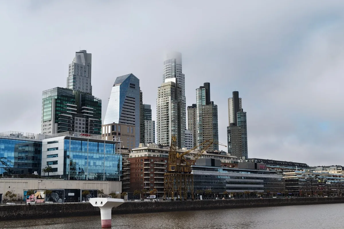 Puerto Madero's office towers across the docks on a bright day