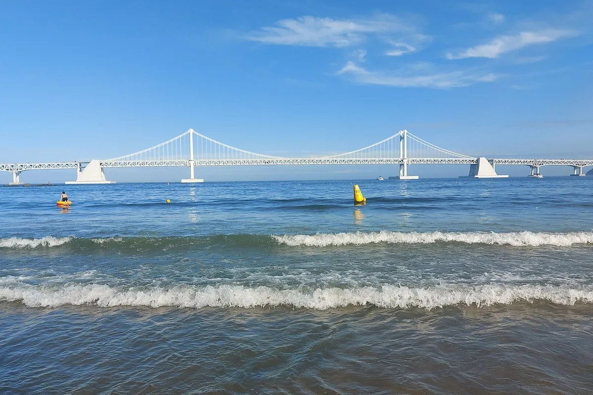 Gwangalli Beach and the Gwangan Bridge on a clear day