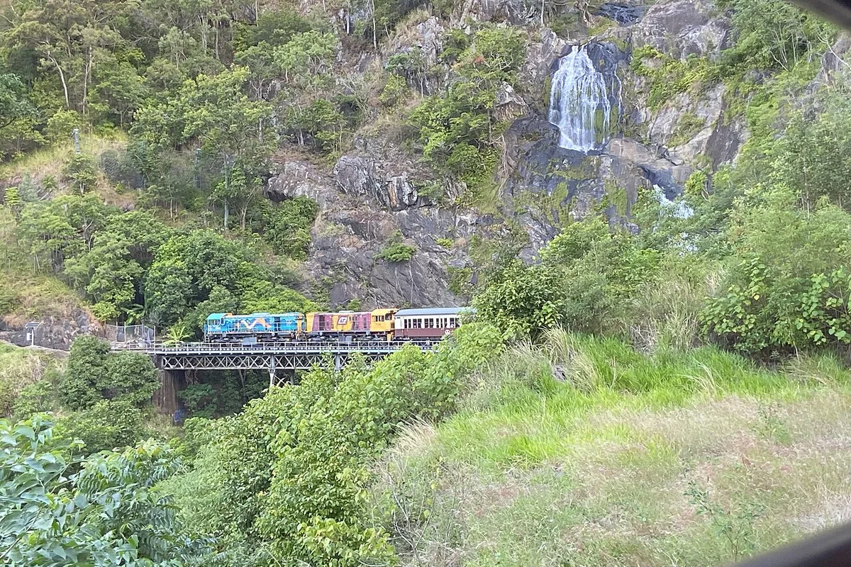The Kuranda Scenic Railway train crossing the Barron Gorge on its climb from Cairns