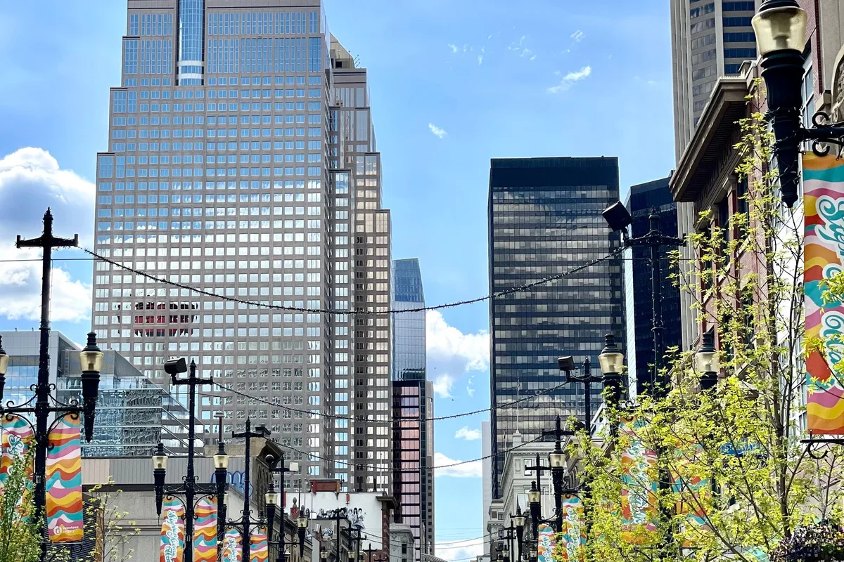 Stephen Avenue Walk in downtown Calgary, office towers above the pedestrian street