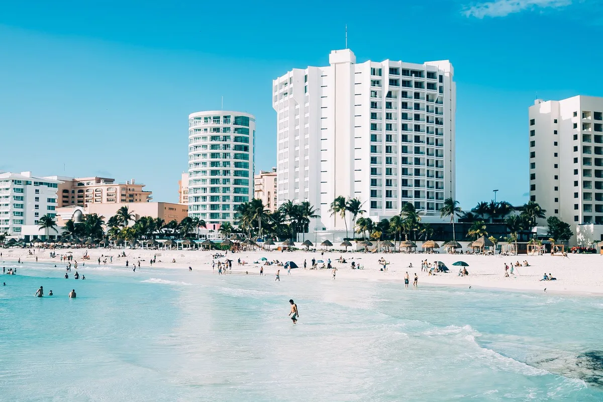 Hotel Zone towers rising over the turquoise bay at Cancún