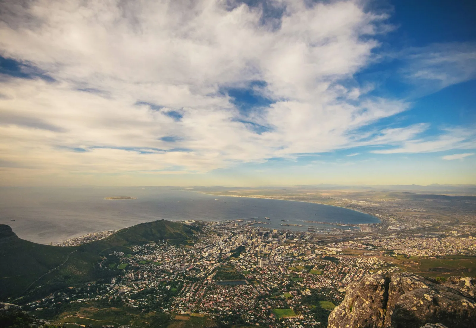 The city bowl and Robben Island from the top of Table Mountain