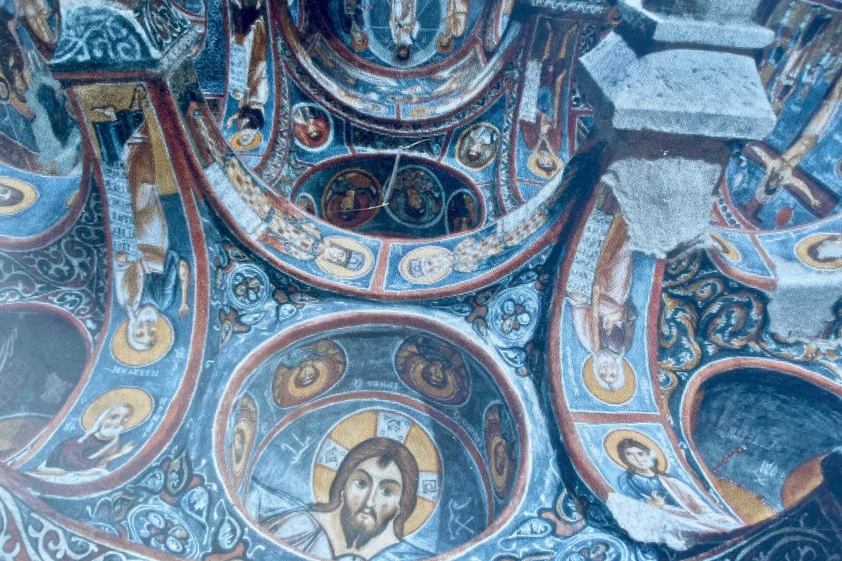 The frescoed ceiling of the Dark Church in the Göreme Open Air Museum, Christ Pantocrator at its centre