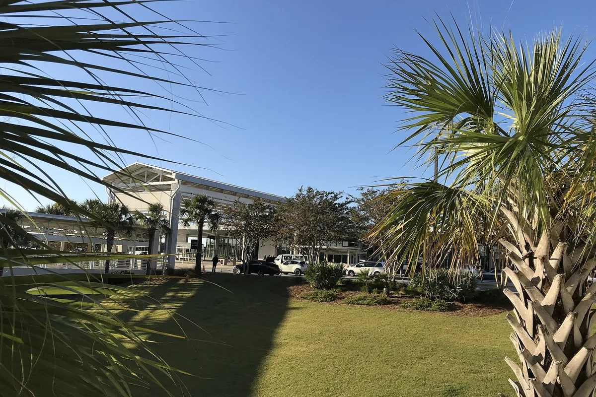 The front of Charleston International Airport behind palmetto trees