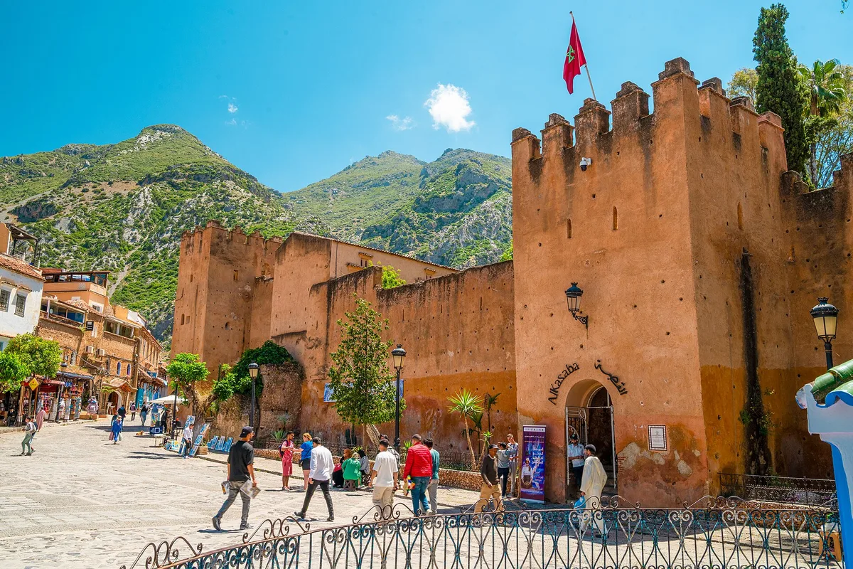The red kasbah walls and tower on Place Outa el Hammam, Chefchaouen