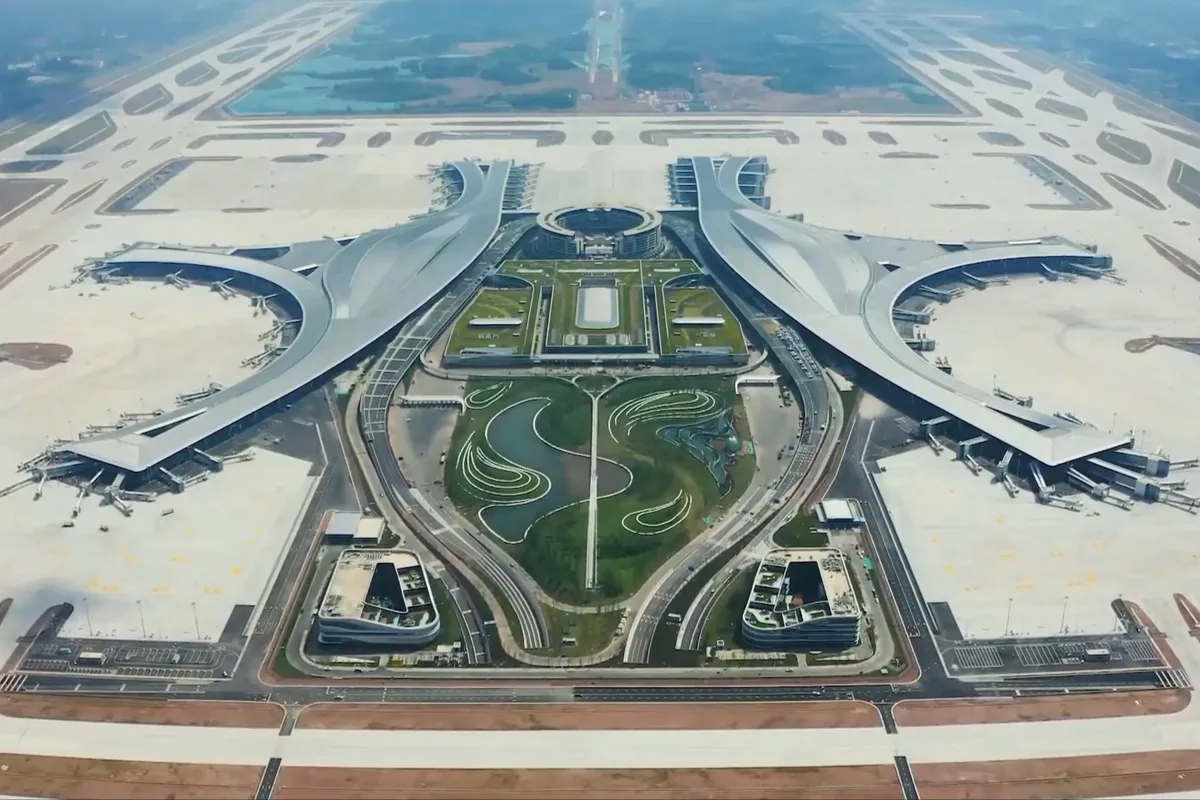 Chengdu Tianfu International Airport and its twin terminals from above