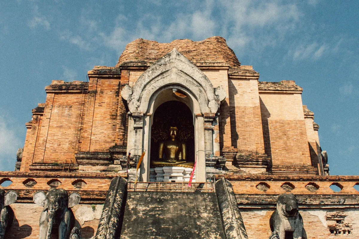 The great brick chedi of Wat Chedi Luang, partly toppled by an earthquake in 1545