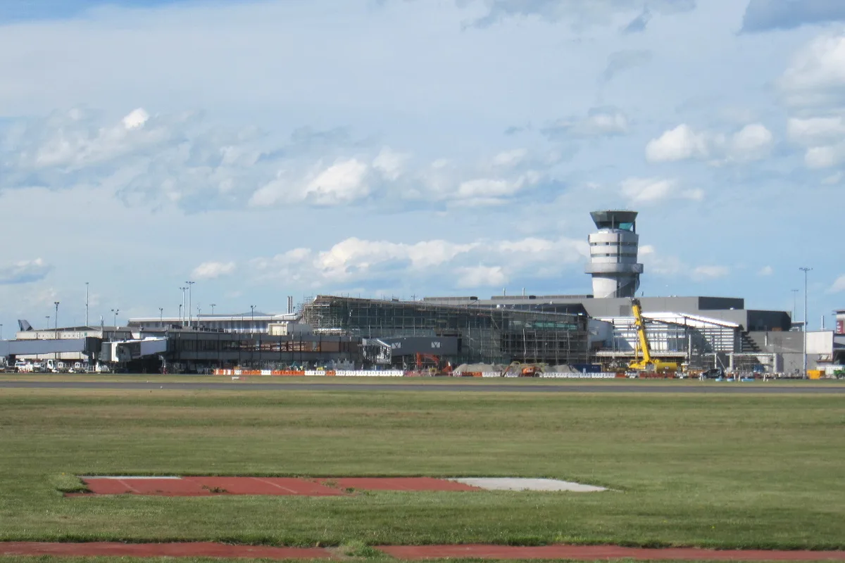 Christchurch Airport's terminal and control tower across the airfield