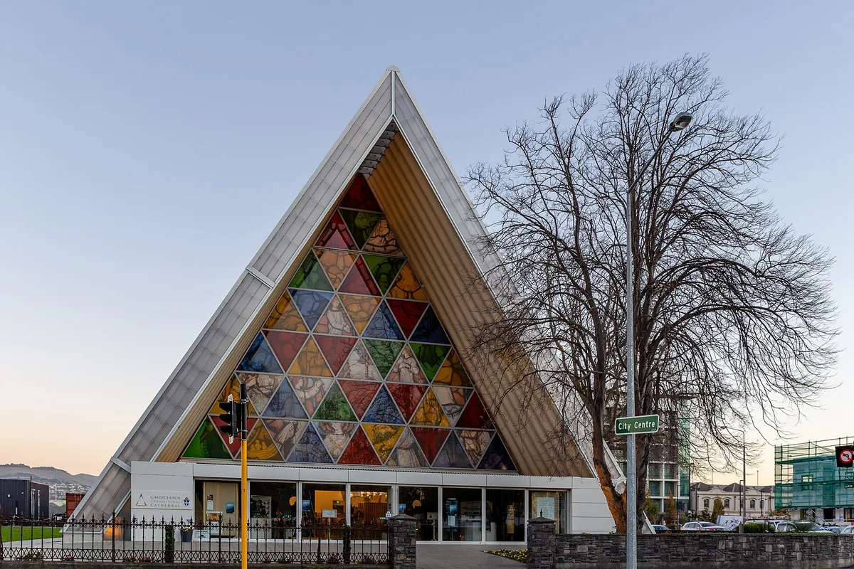 The triangular Cardboard Cathedral with its coloured glass gable end