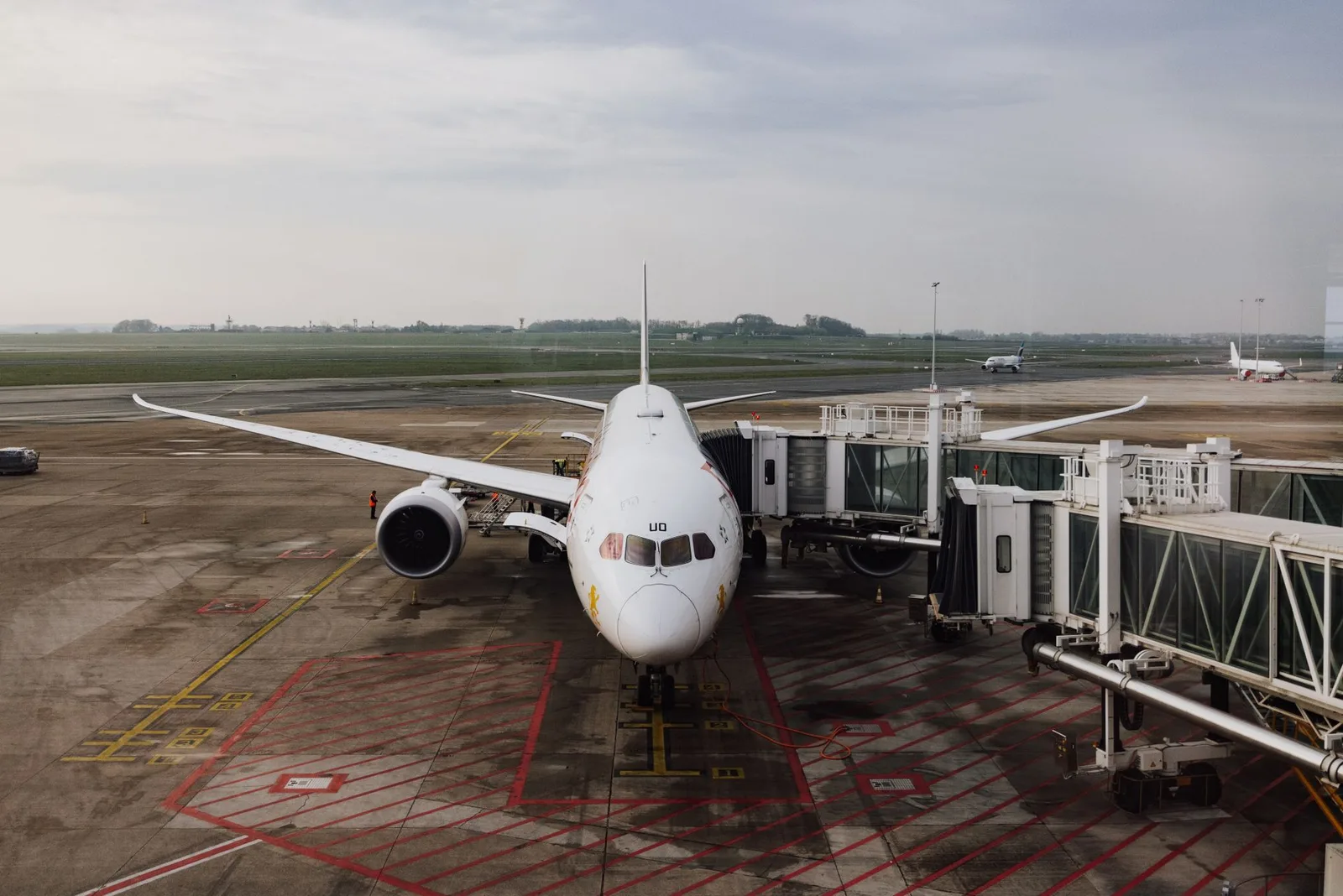 A wide-body jet at the gate at Copenhagen Airport