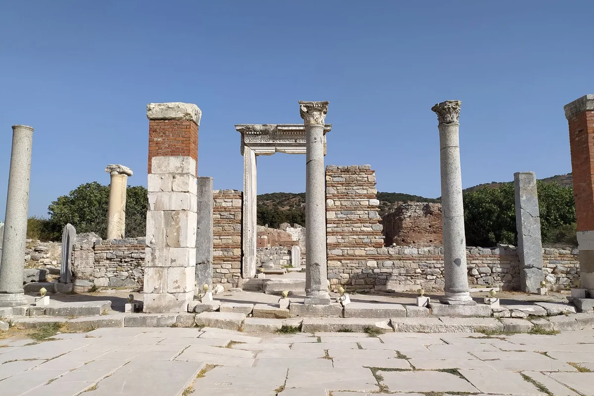 Roman columns among the ruins of Butrint in Albania