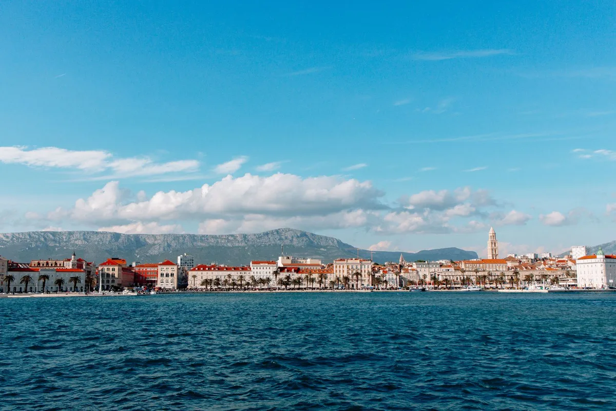 Corfu Town's waterfront and the campanile of Saint Spyridon, seen from the sea