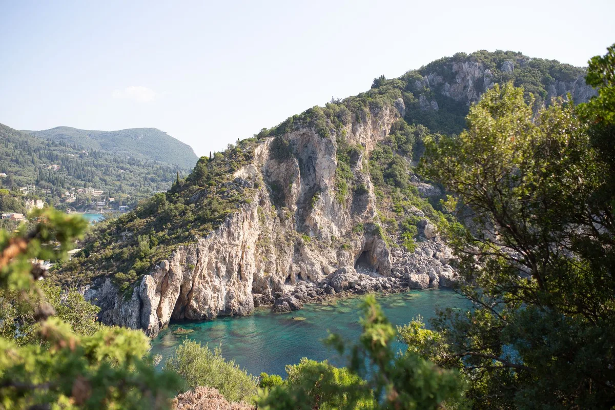 A cliff-backed cove at Paleokastritsa on the northwest coast