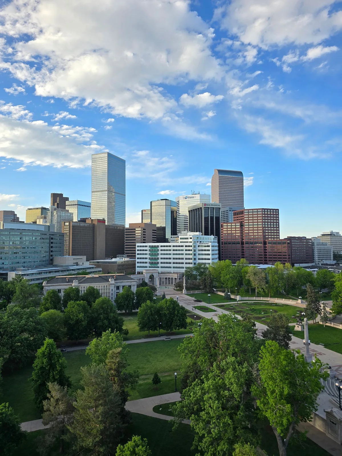 Downtown Denver from Civic Center Park, the Republic Plaza and the Cash Register Building