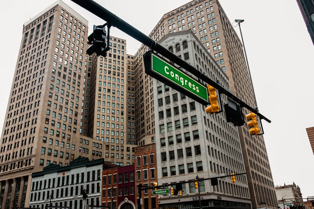 Downtown Detroit towers at the Congress Street crossing