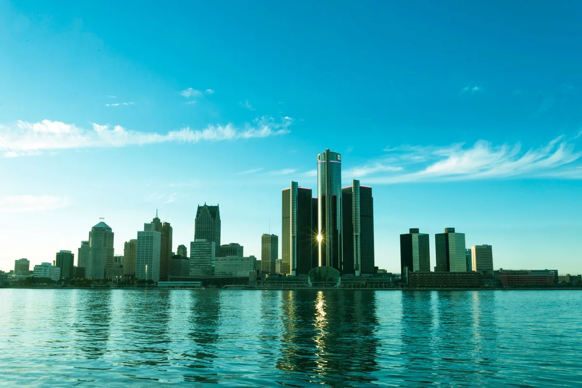 The Detroit skyline across the Detroit River at midday