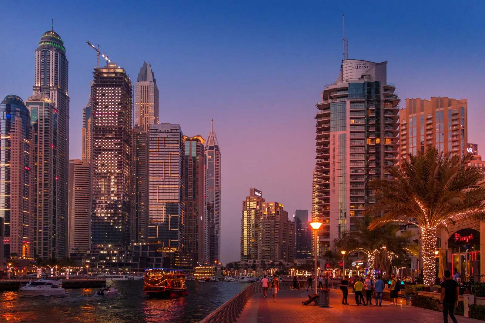 Dubai Marina promenade at dusk