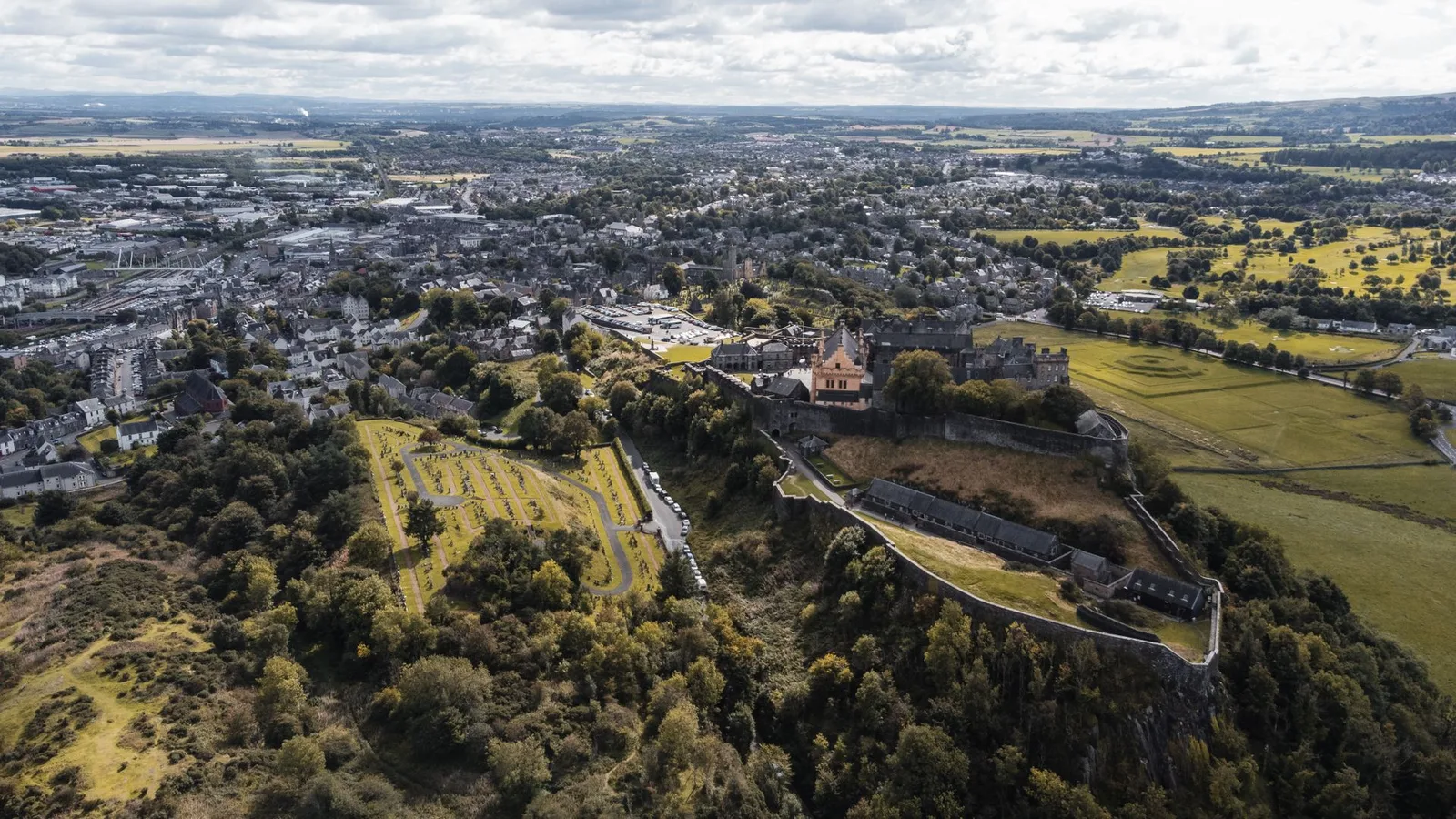 Stirling Castle on its crag from above, the King's Knot gardens below
