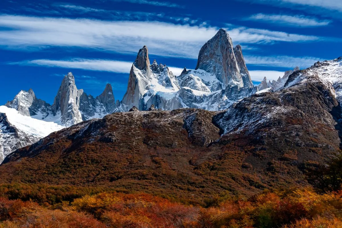 The Fitz Roy range above autumn-colored slopes near El Chaltén