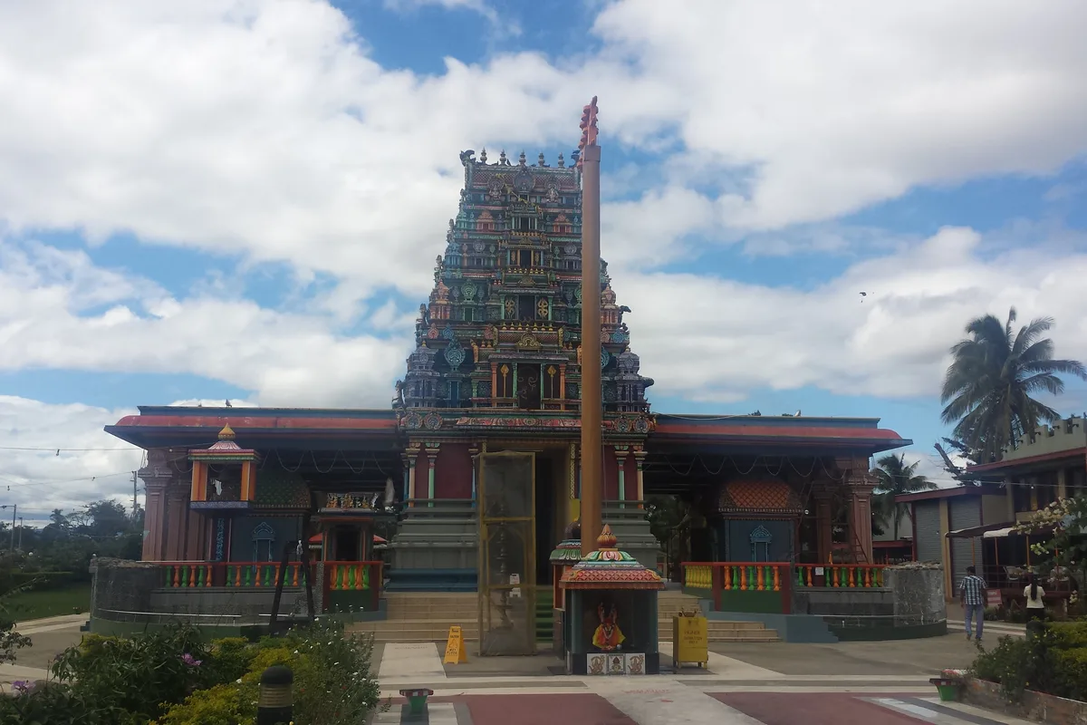 The Sri Siva Subramaniya Temple in Nadi, its painted tower over the town