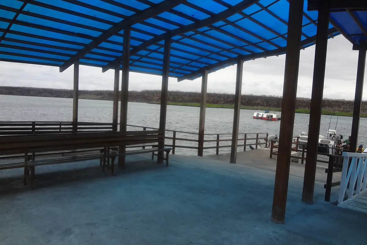 The water taxi dock at the Itabaca Channel on Baltra, the ferry crossing to Santa Cruz behind it