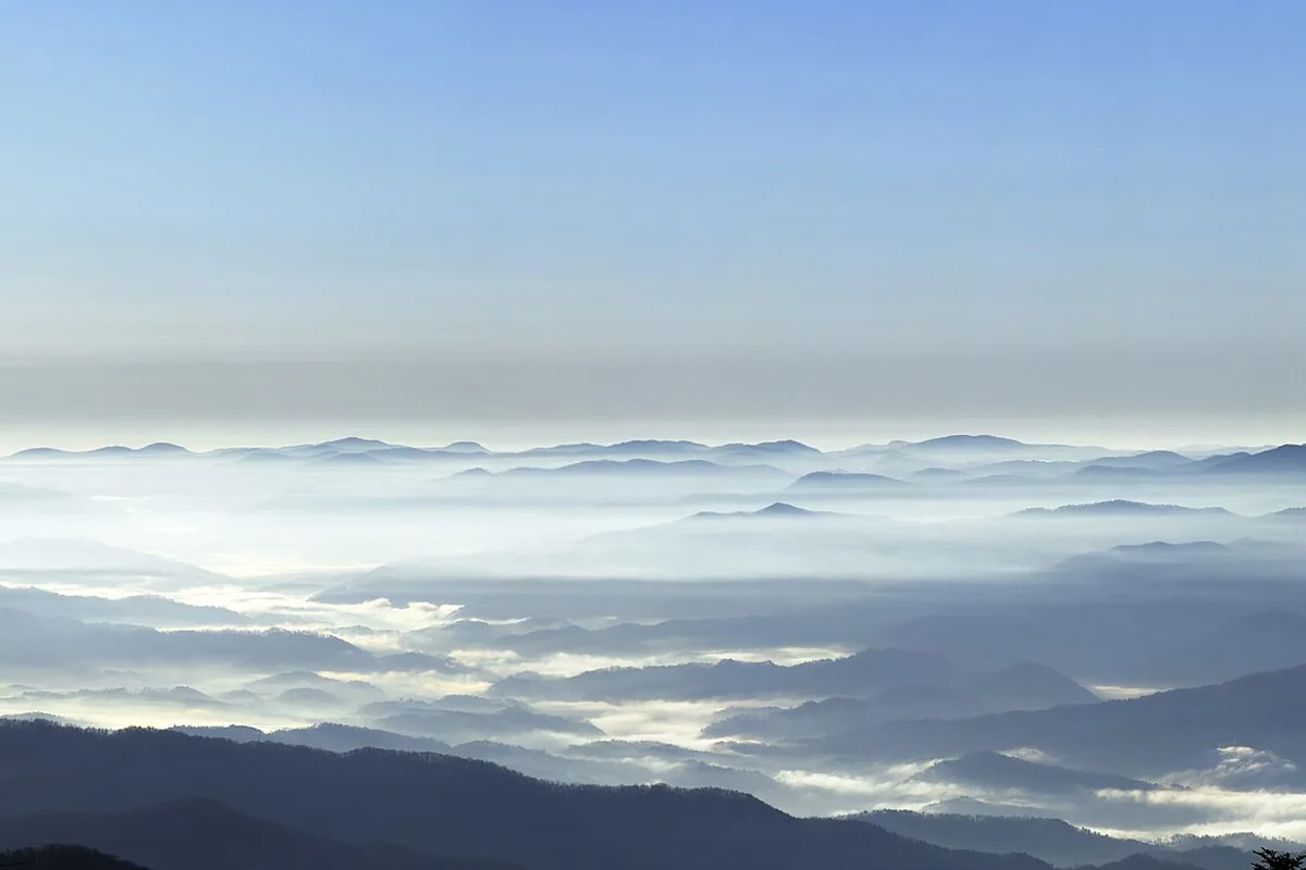 A sea of cloud filling the valleys between Smoky Mountain ridges at dawn