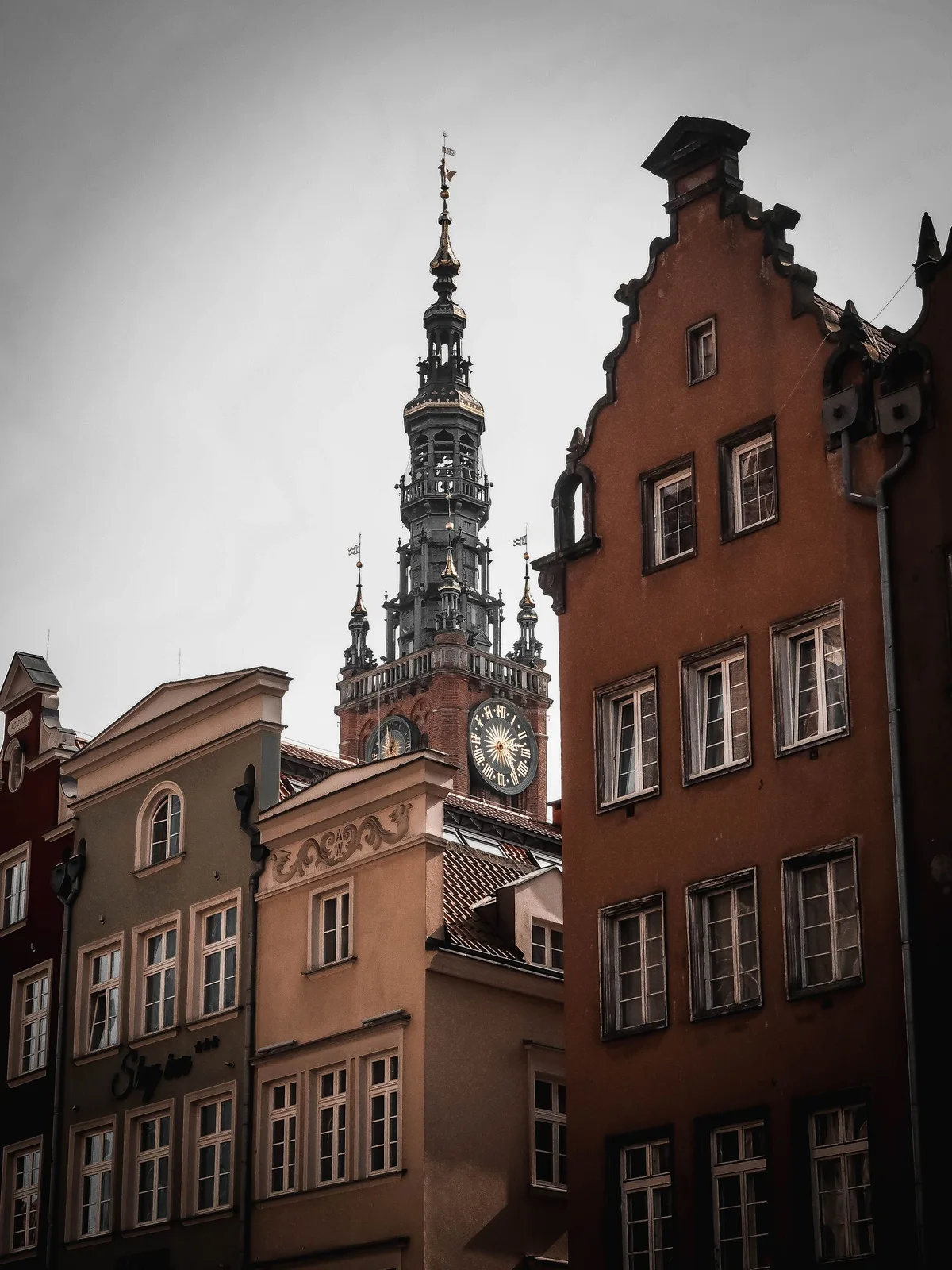 The Main Town Hall tower above the rooftops