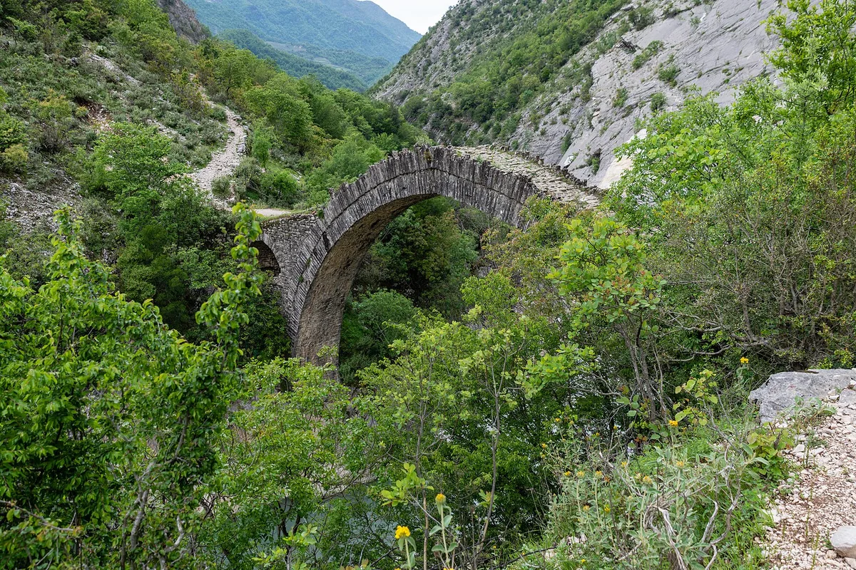 An old stone bridge over a gorge in the Zagoria valley, north of Gjirokaster