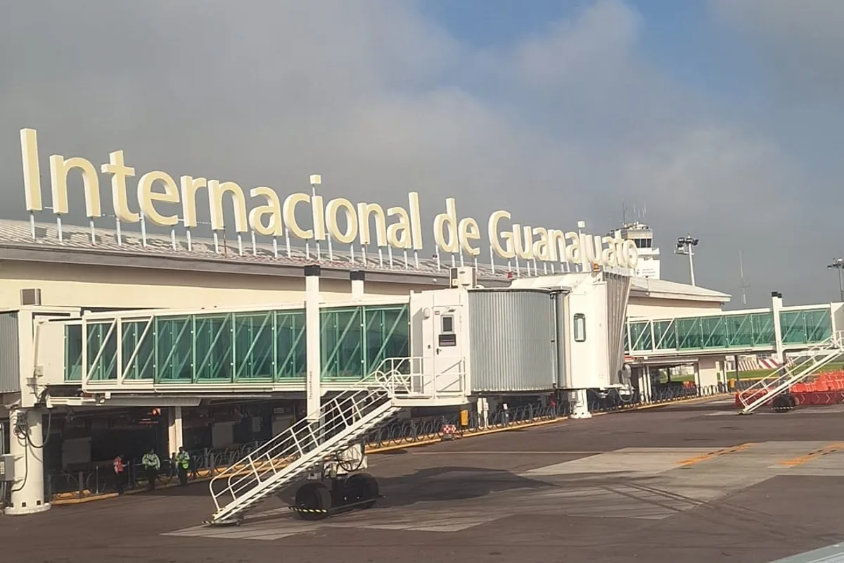 The terminal at Bajío International Airport, its name in letters across the roof