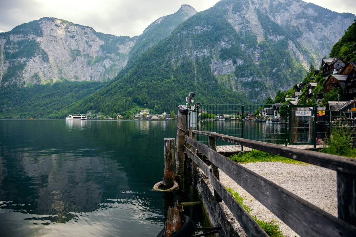 The landing pier at Hallstatt, boats tied up below the old town where the ferry arrives