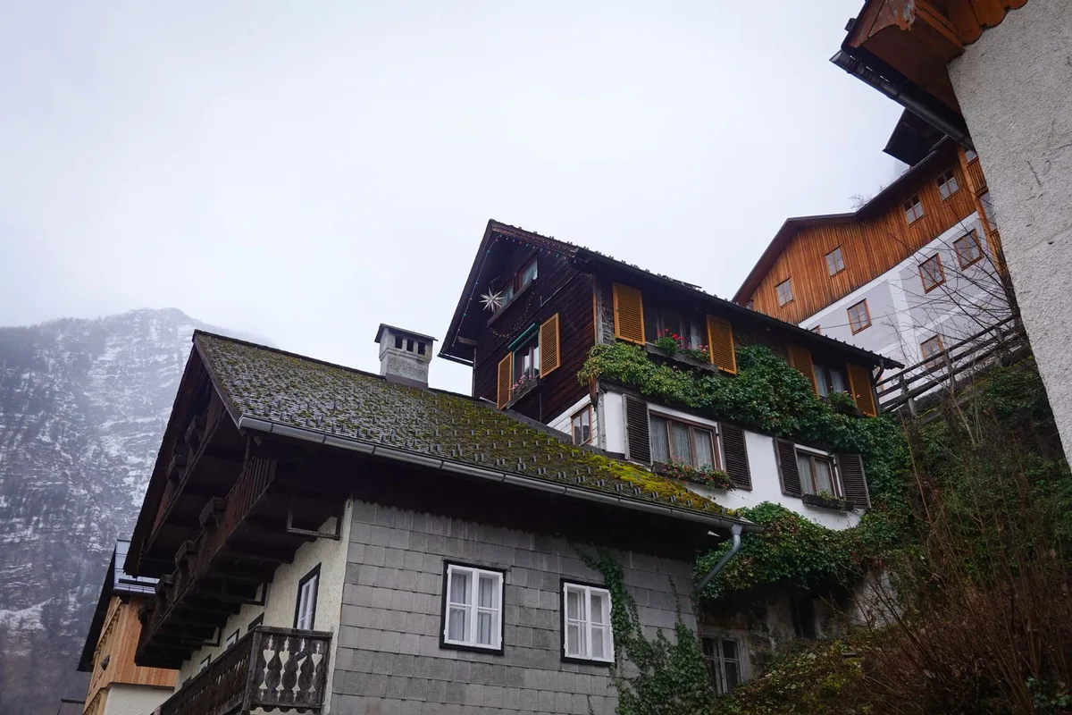 Houses climbing the slope below the Salzberg, the salt mountain above Hallstatt