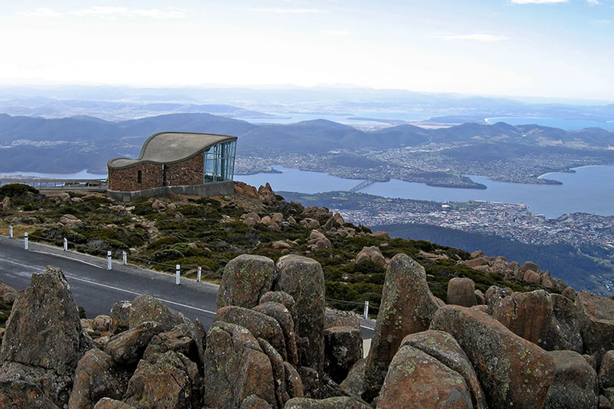 The observation deck at the summit of kunanyi, Mount Wellington, with Hobart below