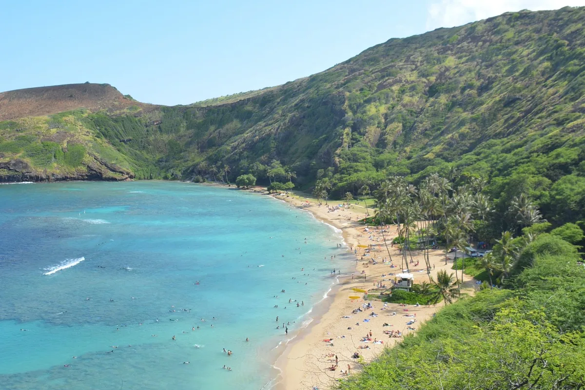 The crescent crater of Hanauma Bay with turquoise water and reef