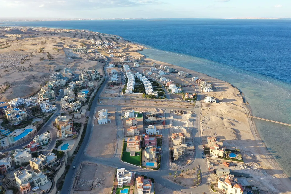 An aerial view of the Hurghada coast, resort beaches and turquoise Red Sea