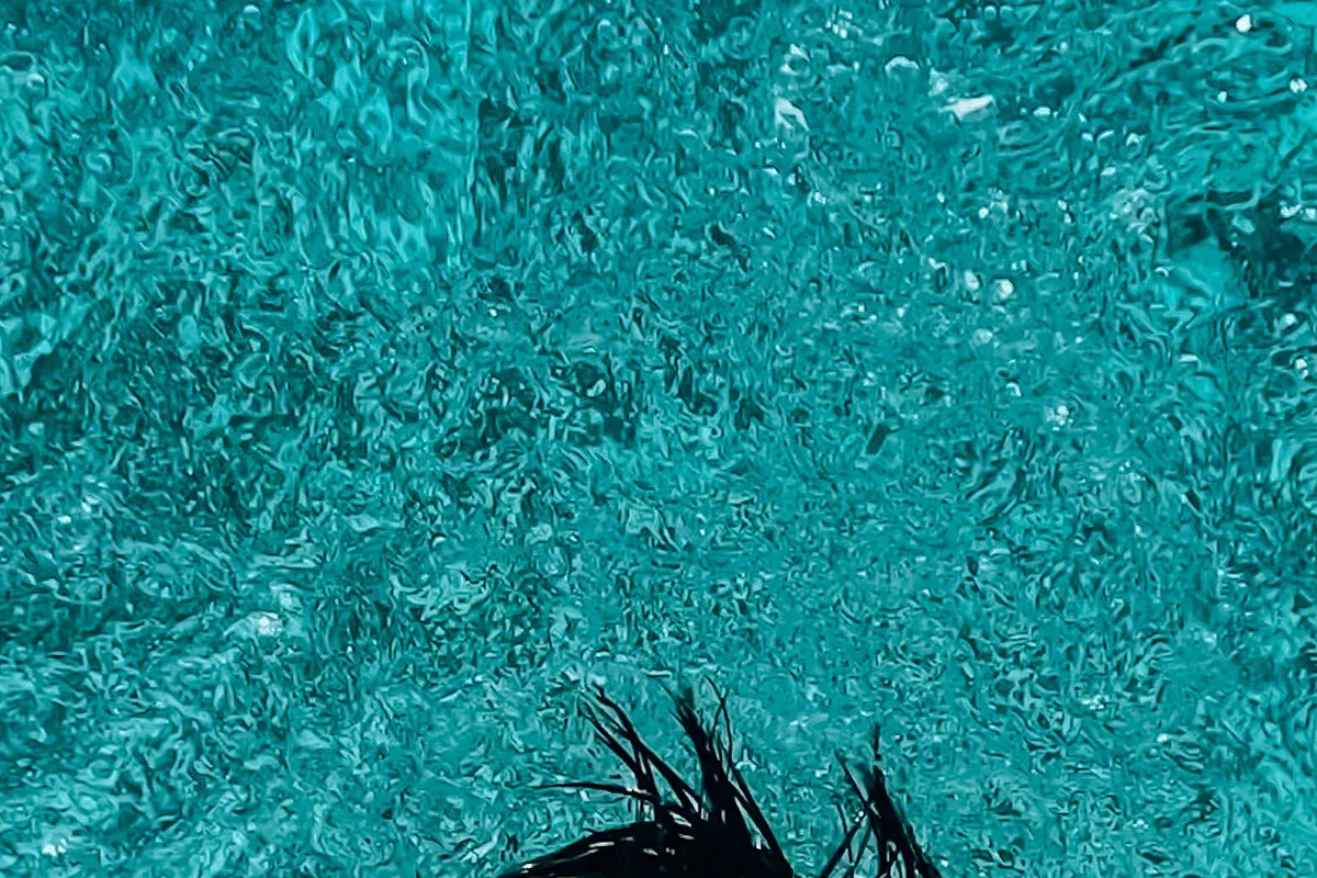 A snorkeller at the surface in clear turquoise Red Sea water off Hurghada