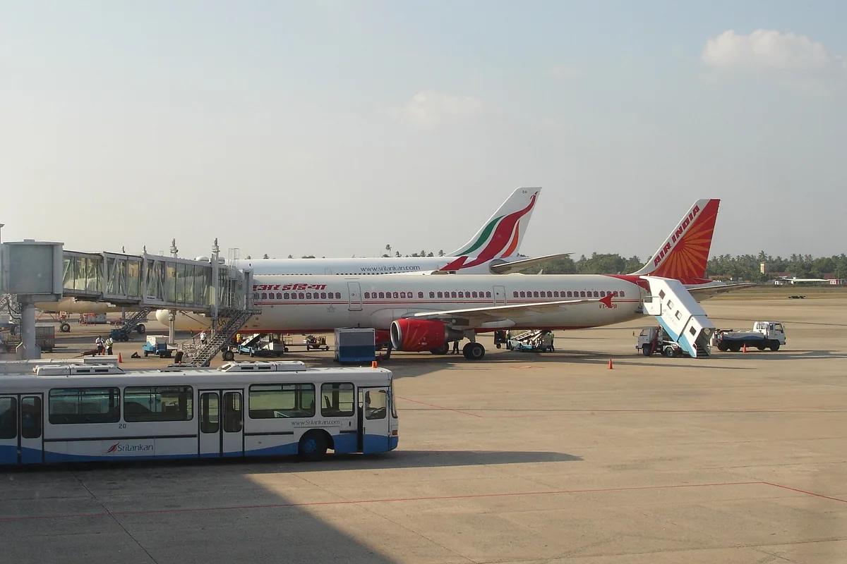 SriLankan and Air India aircraft at the terminal apron of Bandaranaike International Airport, Colombo
