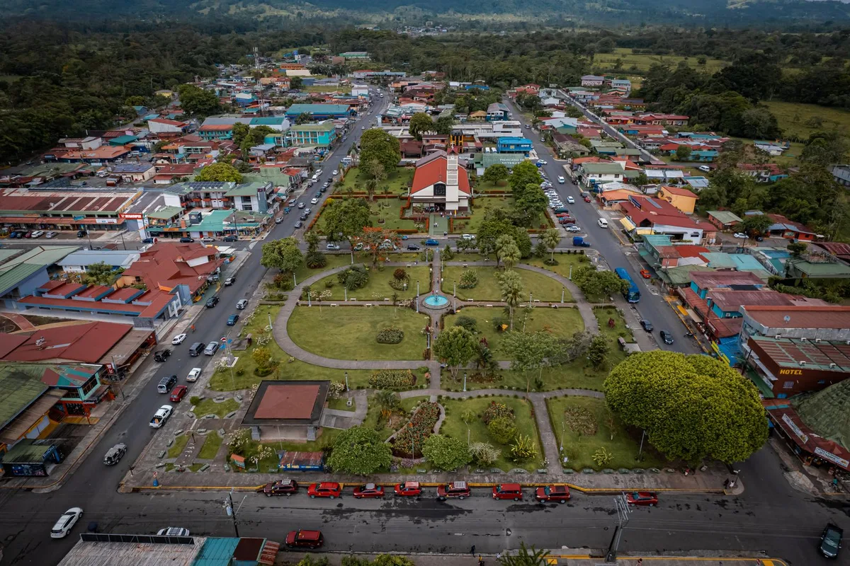 La Fortuna from above, the central park and church at the heart of town