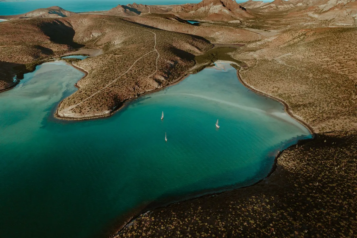 An aerial view of Balandra bay and its mushroom rock