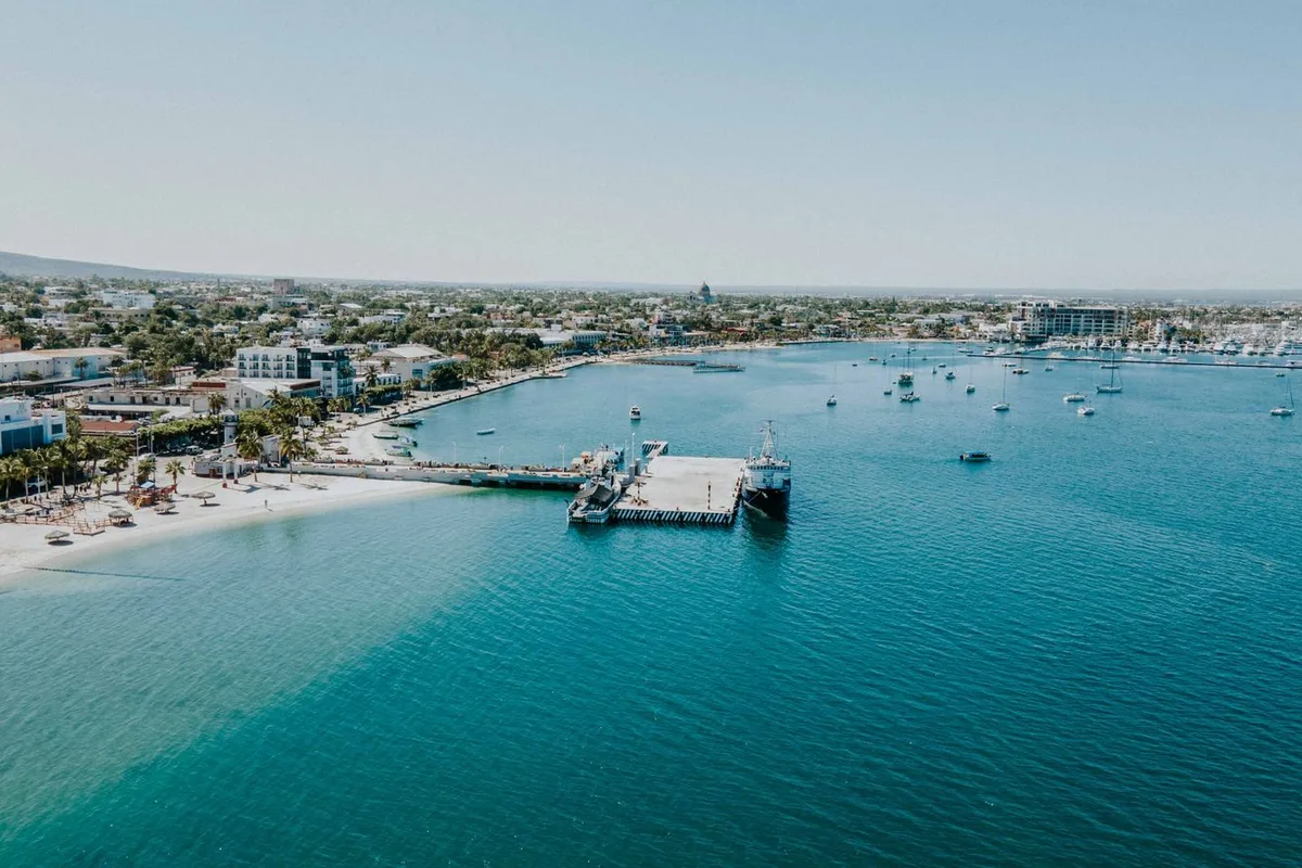 An aerial view over the Bay of La Paz, the malecón and the marina