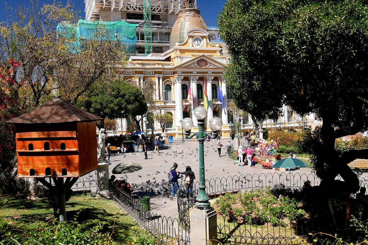 Plaza Murillo, the Legislative Palace behind the gardens