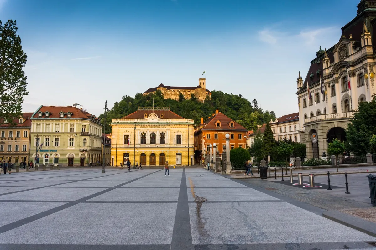 Congress Square and Ljubljana Castle above it, the university palace on the right